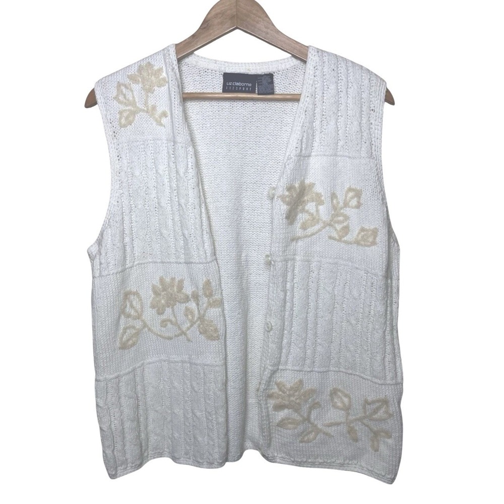 Liz Claiborne VTG Off-White Cable Knit Floral Embroidered Sweater Vest